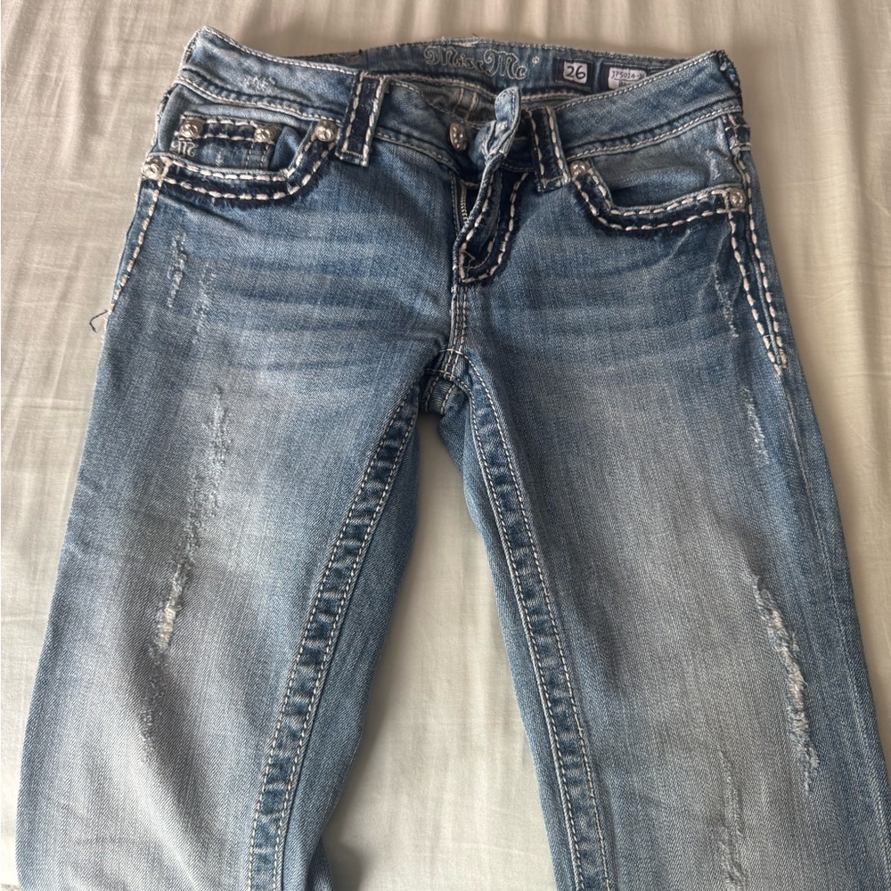 Miss Me Blue Boot Cut Jeans with Distressed Details